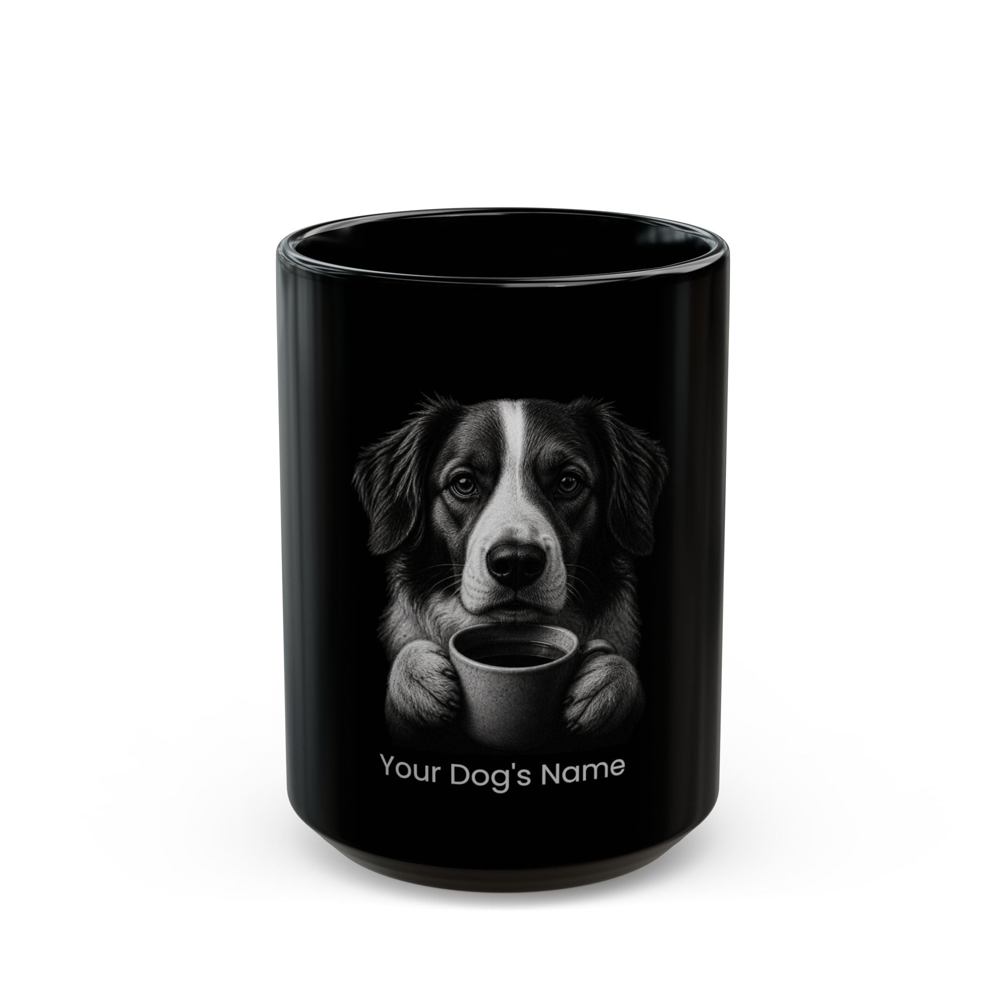 Personalized Nederlandse Kooikerhondje black ceramic coffee mug with custom dog name