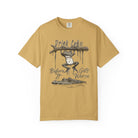 Mustard yellow unisex t-shirt with a graphic of a frog hanging from a branch above an alligator.