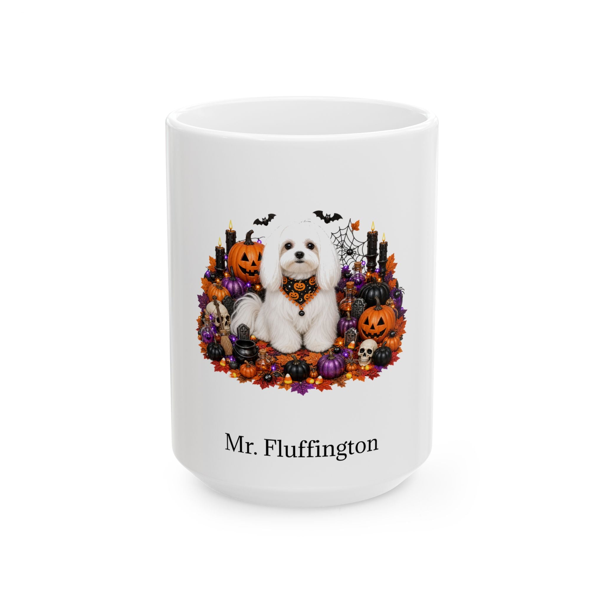 Personalized Maltese dog Halloween mug, 15oz white ceramic, with custom pet name on front