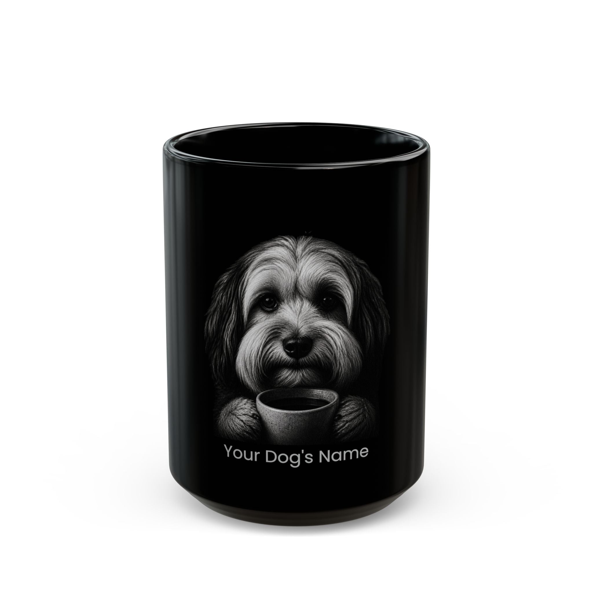 Personalized Havanese black ceramic coffee mug with custom dog name