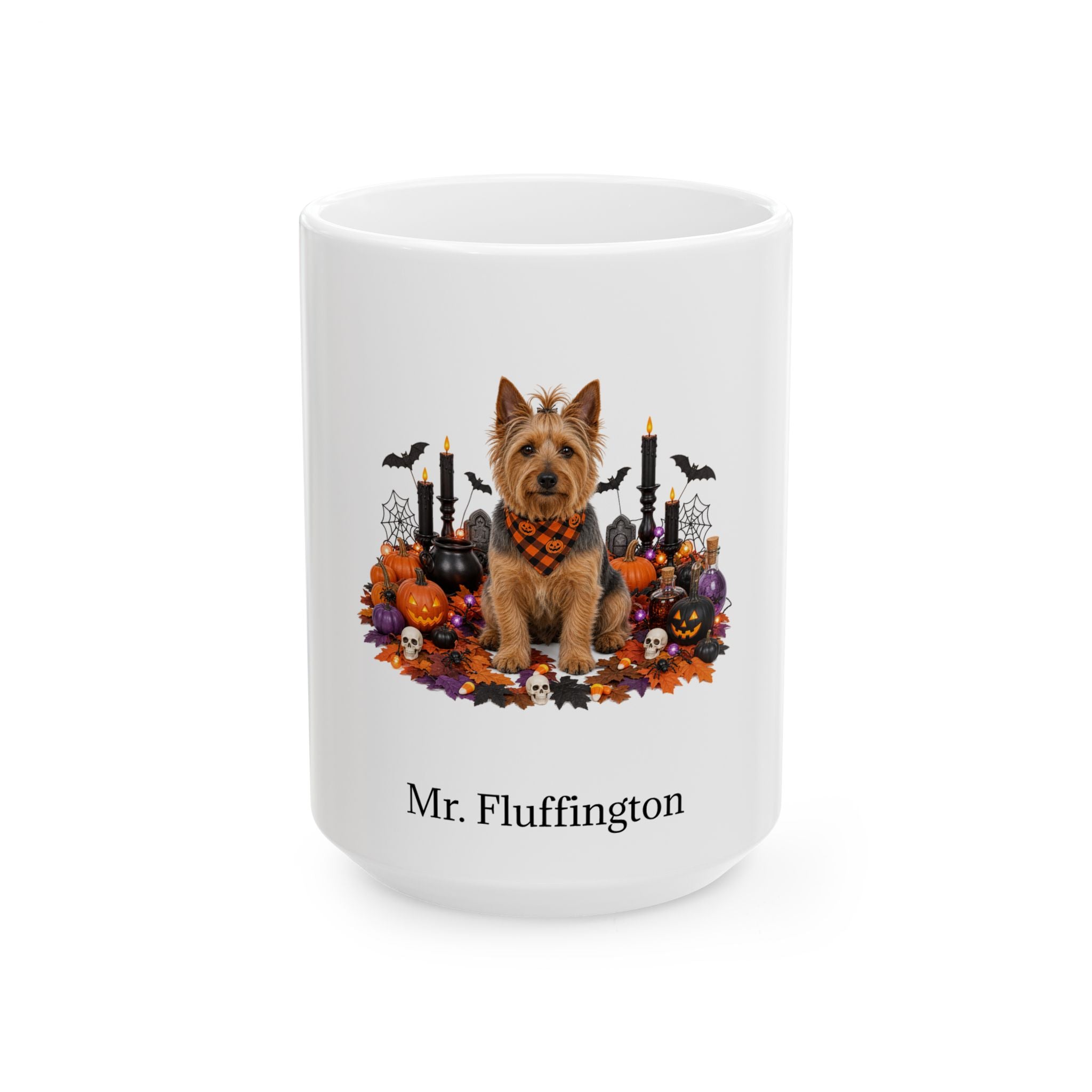 Personalized Australian Terrier dog Halloween mug, 11oz white ceramic, with custom pet name on front