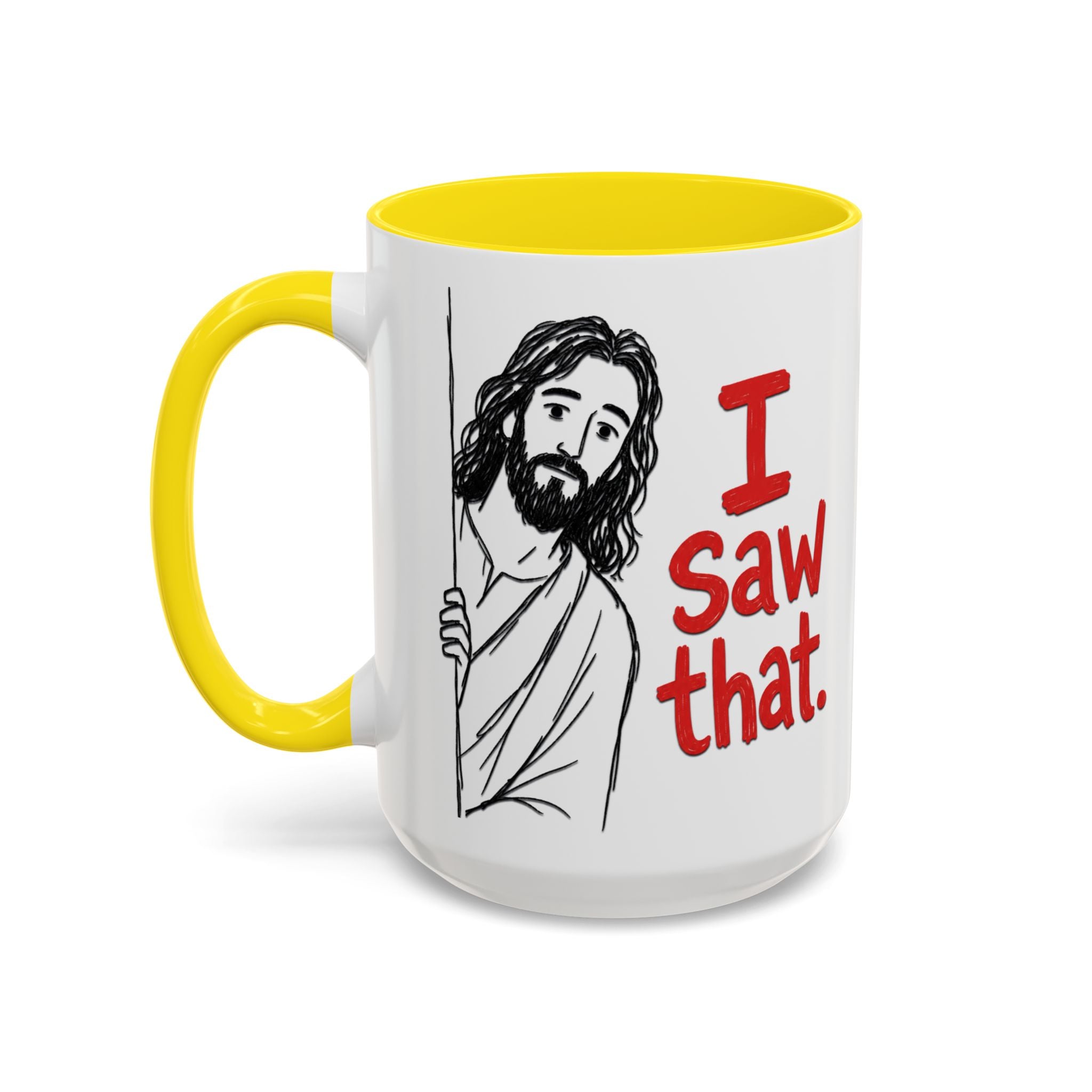 White ceramic mug with a yellow handle and interior, featuring a drawing of Jesus saying I Saw that.