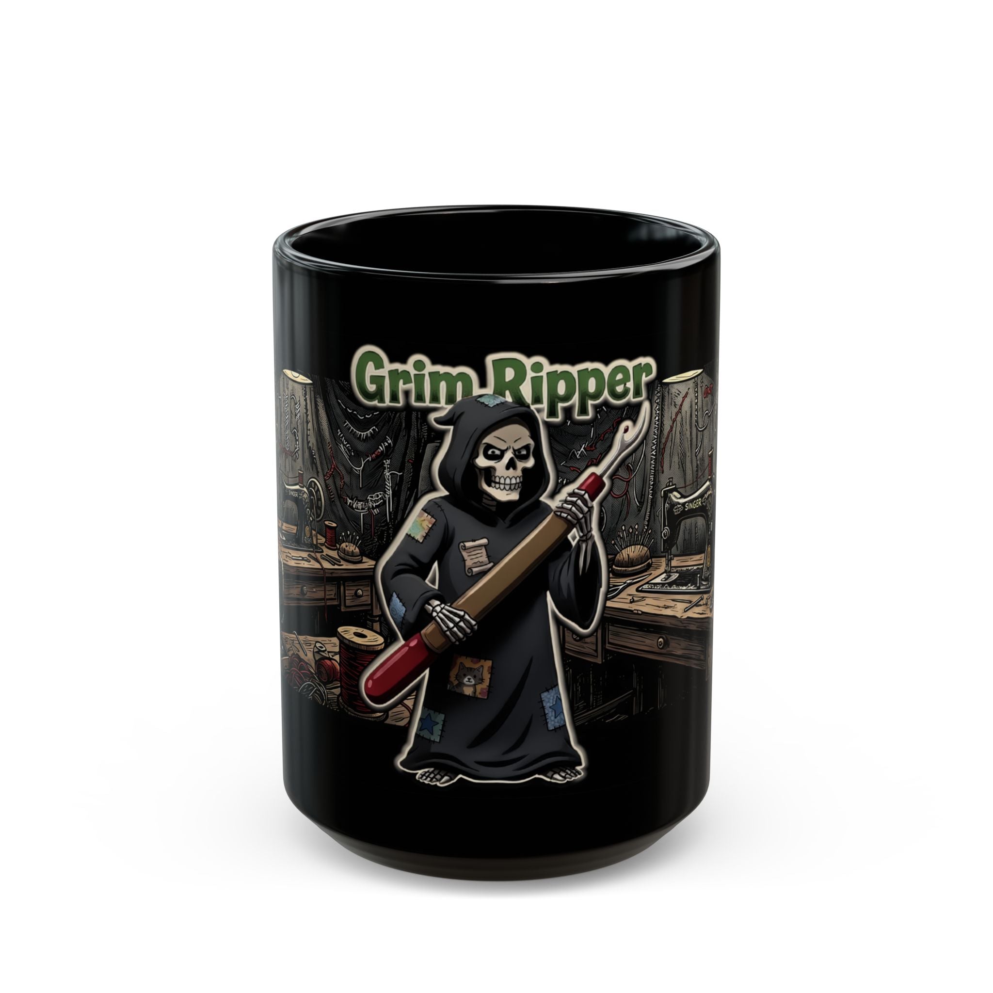 Black ceramic coffee mug featuring a Grim Reaper graphic holding a large sewing seam ripper.