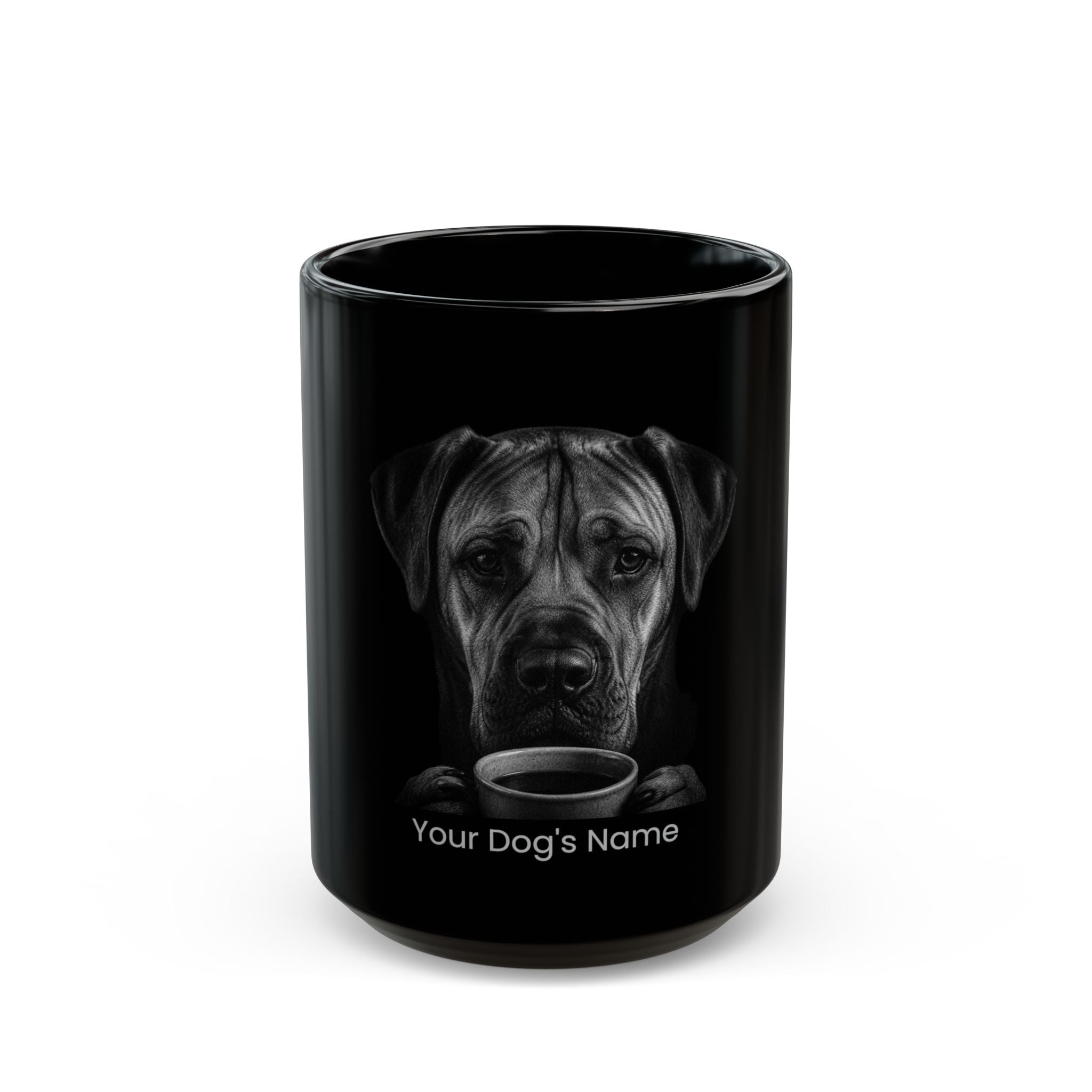 Personalized Alano Español black ceramic coffee mug with custom dog name