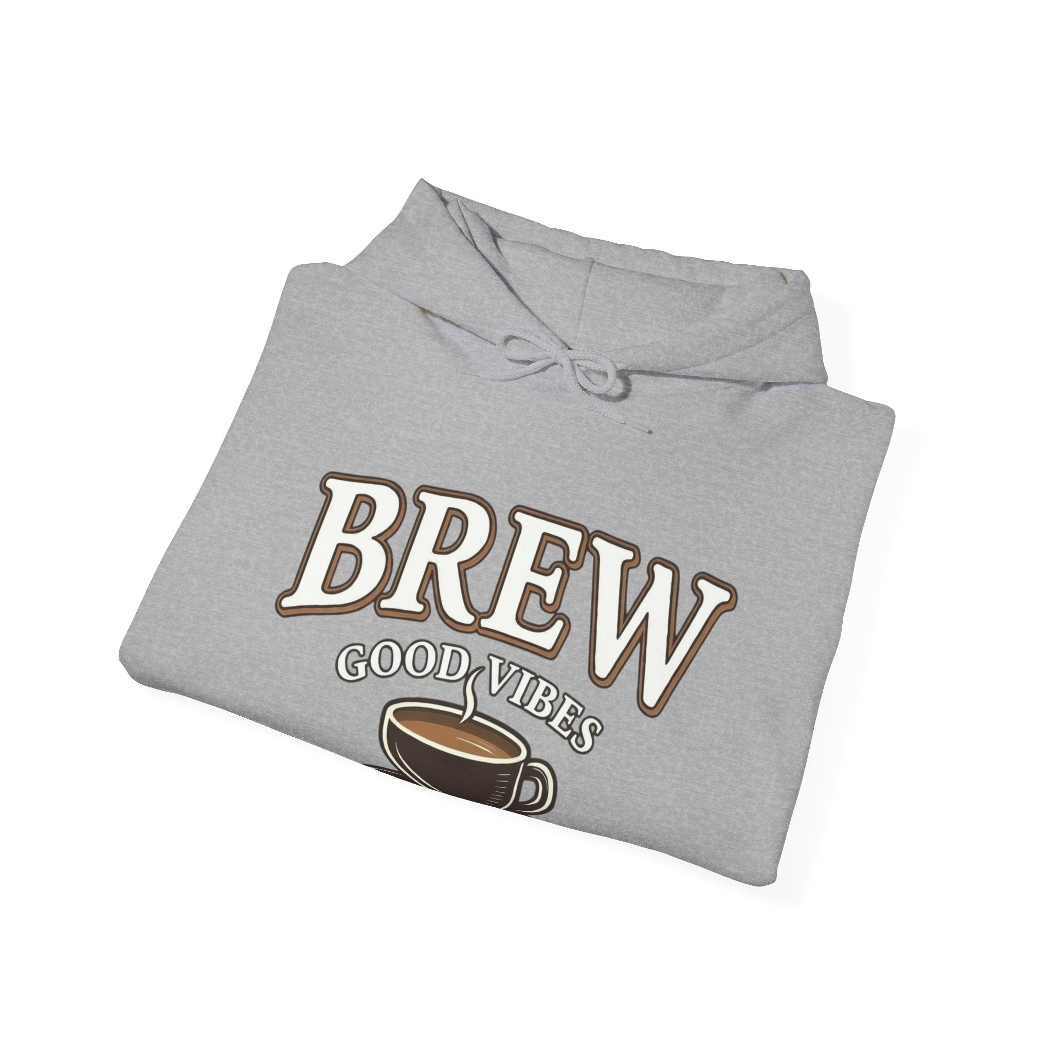 Grey hoodie with "BREW GOOD VIBES" and a coffee cup graphic.