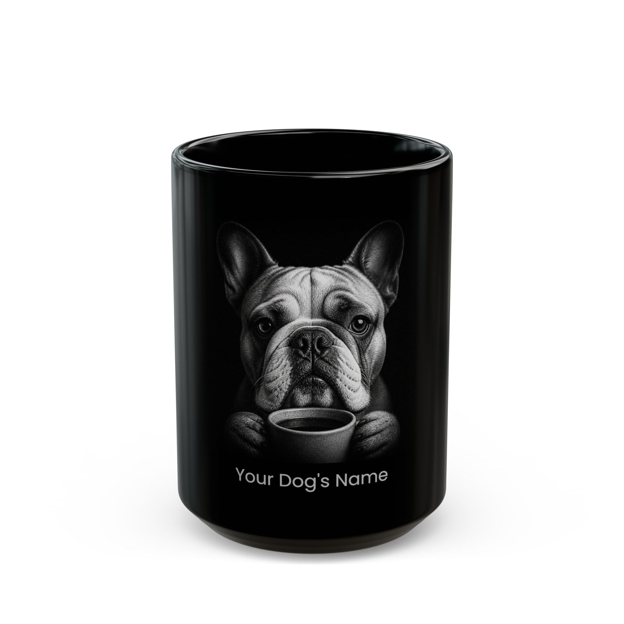 Personalized Bulldog black ceramic coffee mug with custom dog name