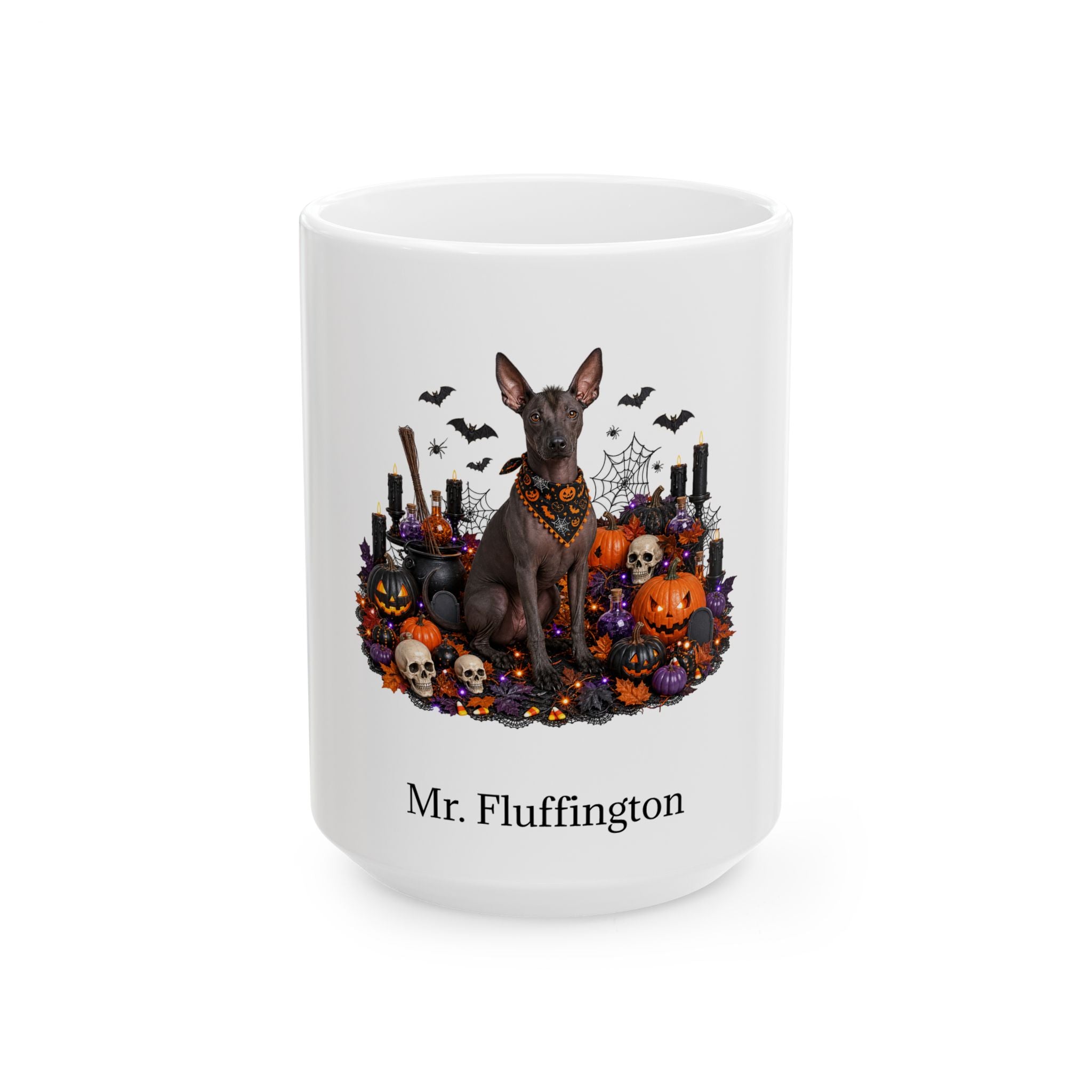 Personalized Xoloitzcuintli dog Halloween mug, 15oz white ceramic, with custom pet name on front