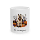 Personalized Norwegian Buhund dog Halloween mug, 11oz white ceramic, with custom pet name on front