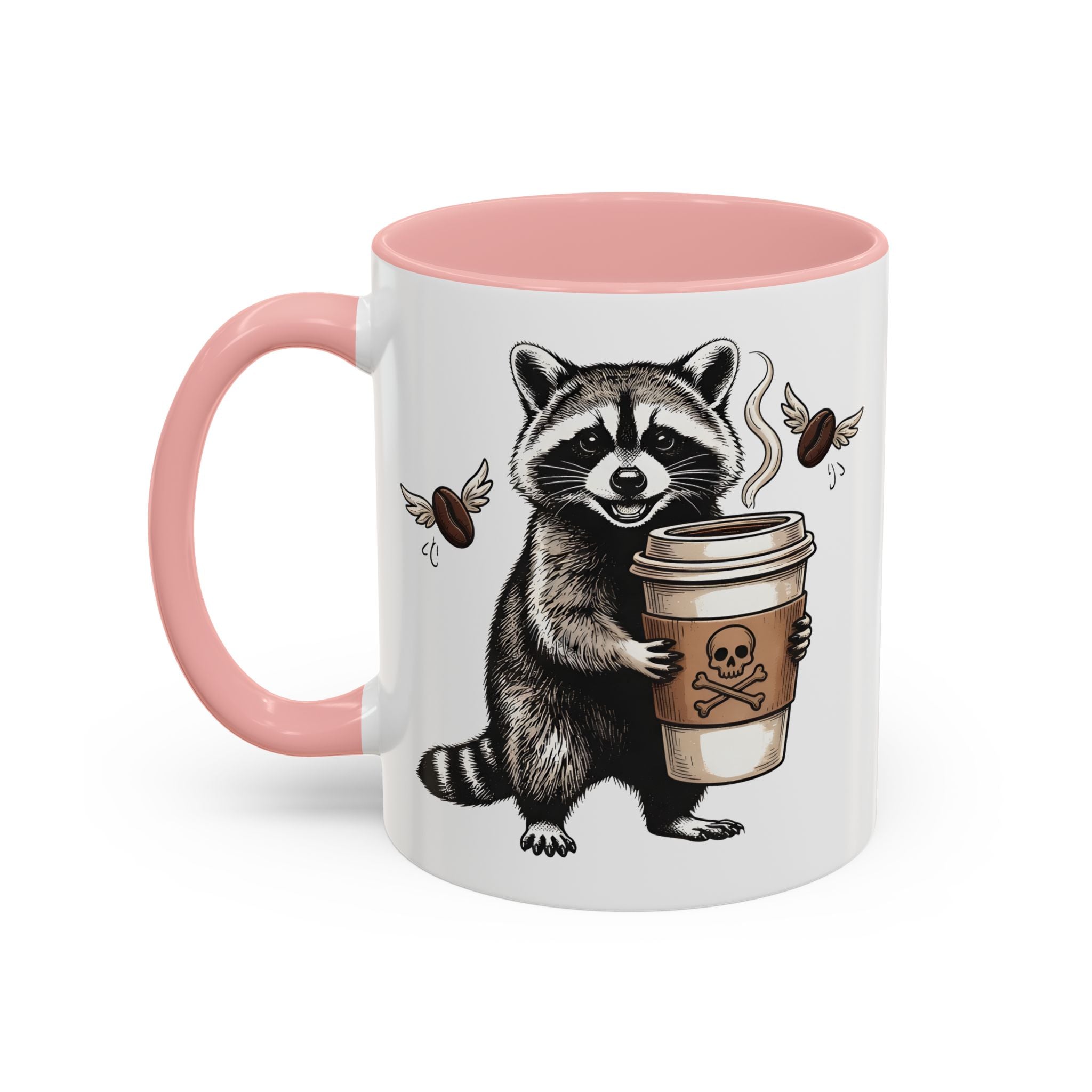 White ceramic mug with a pink handle and interior, featuring a raccoon holding a coffee cup.