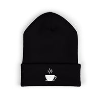 Black cuffed beanie with embroidered white coffee cup and steam.