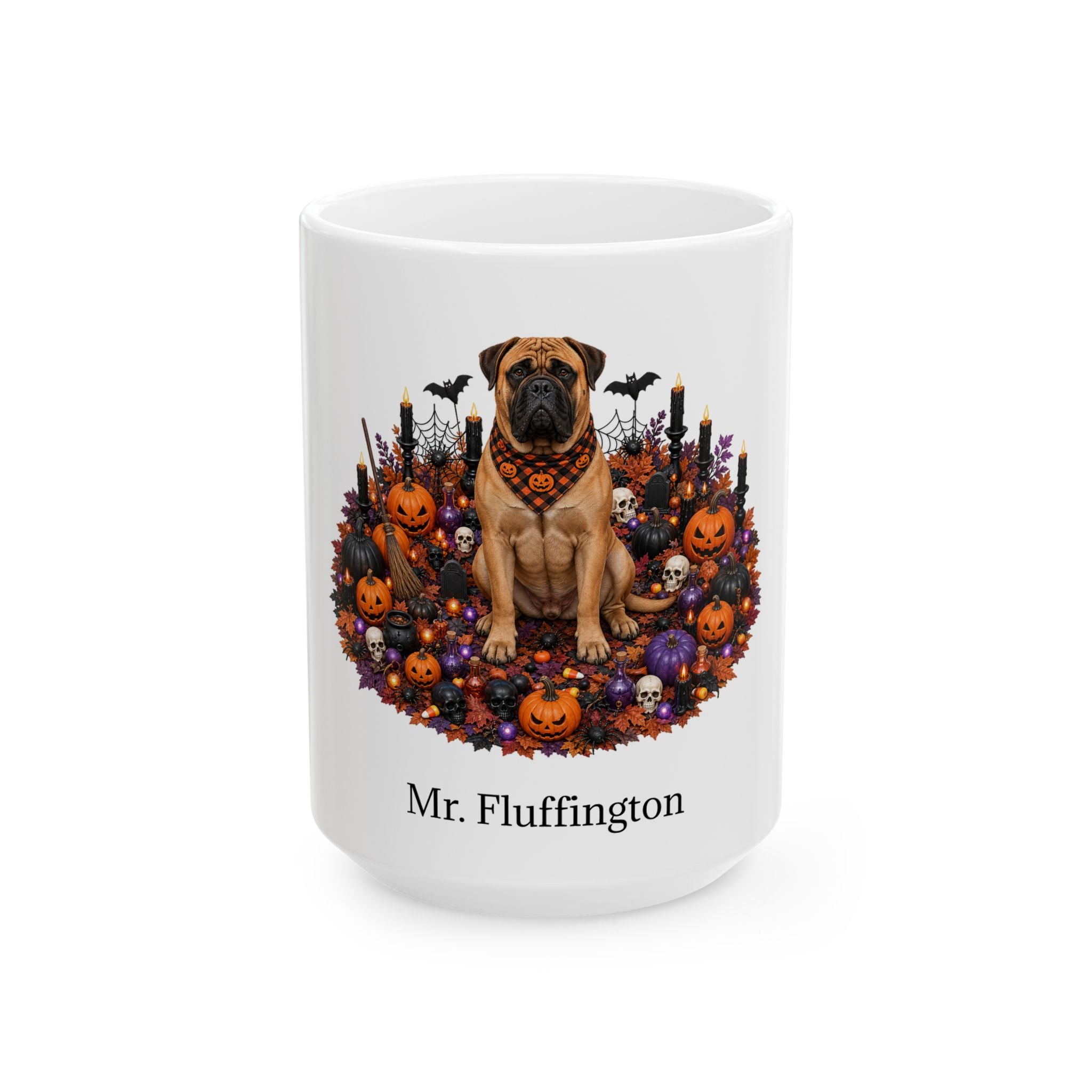 Angled Bullmastiff dog Halloween mug with personalized pet name and fall design — image 3