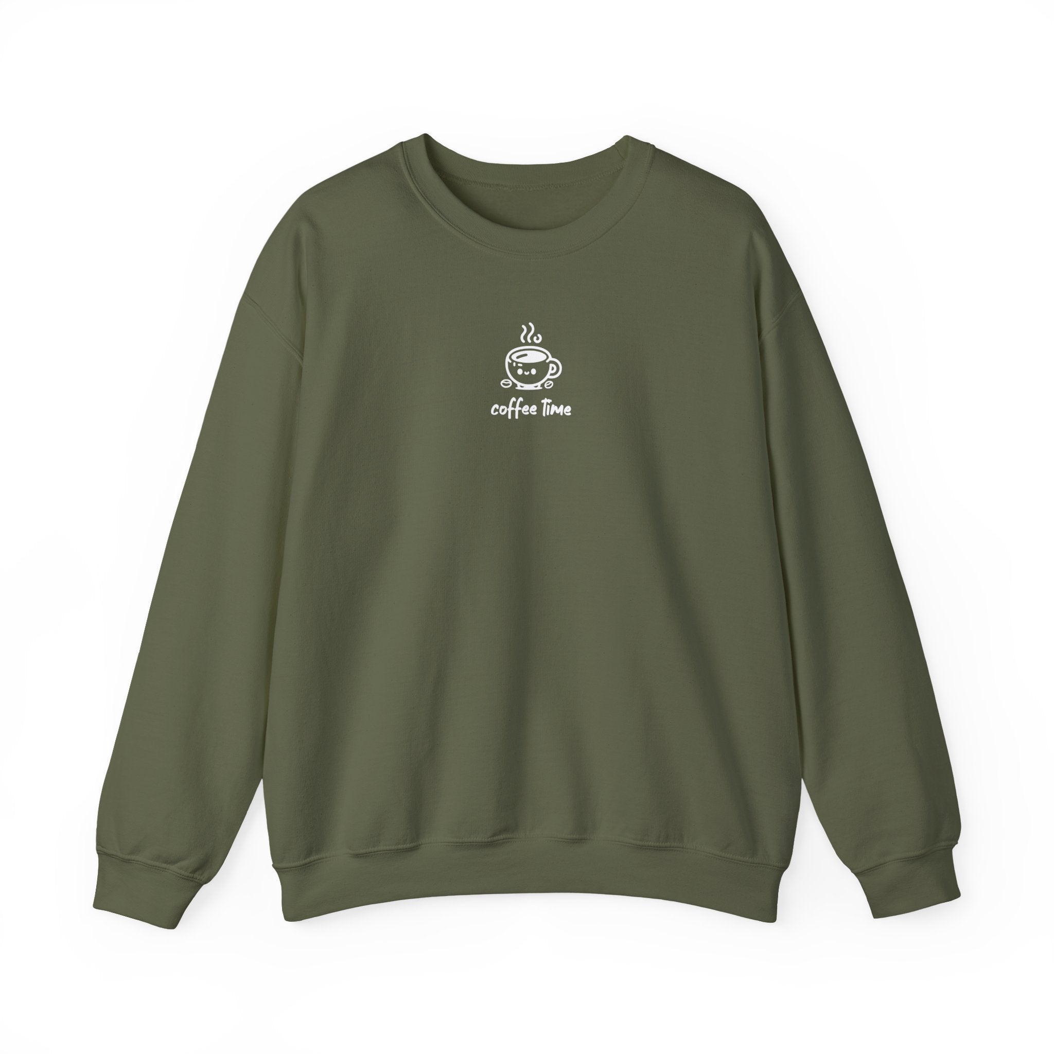 An olive green crewneck sweatshirt featuring a small white graphic of a smiling coffee cup.