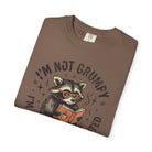Brown unisex t-shirt featuring a graphic of a raccoon wearing glasses and reading a book.