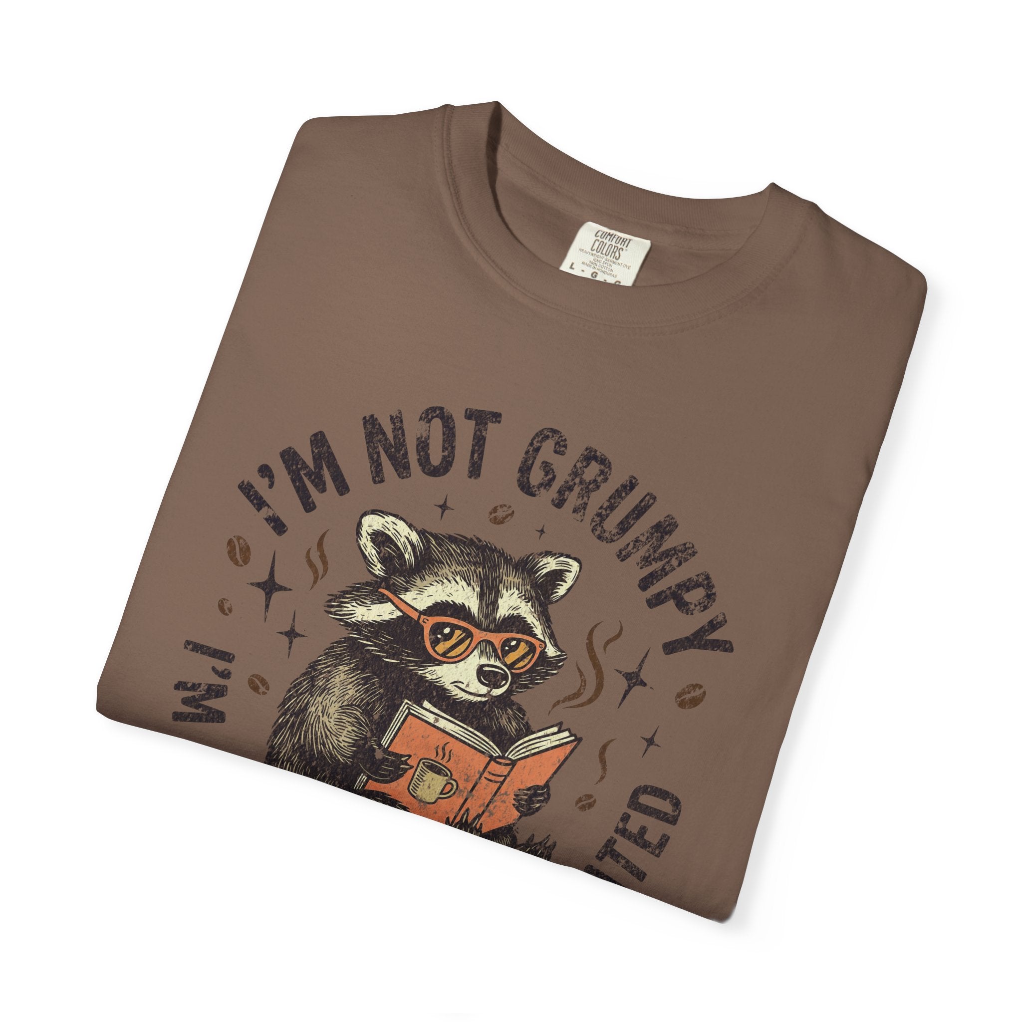 Brown unisex t-shirt featuring a graphic of a raccoon wearing glasses and reading a book.