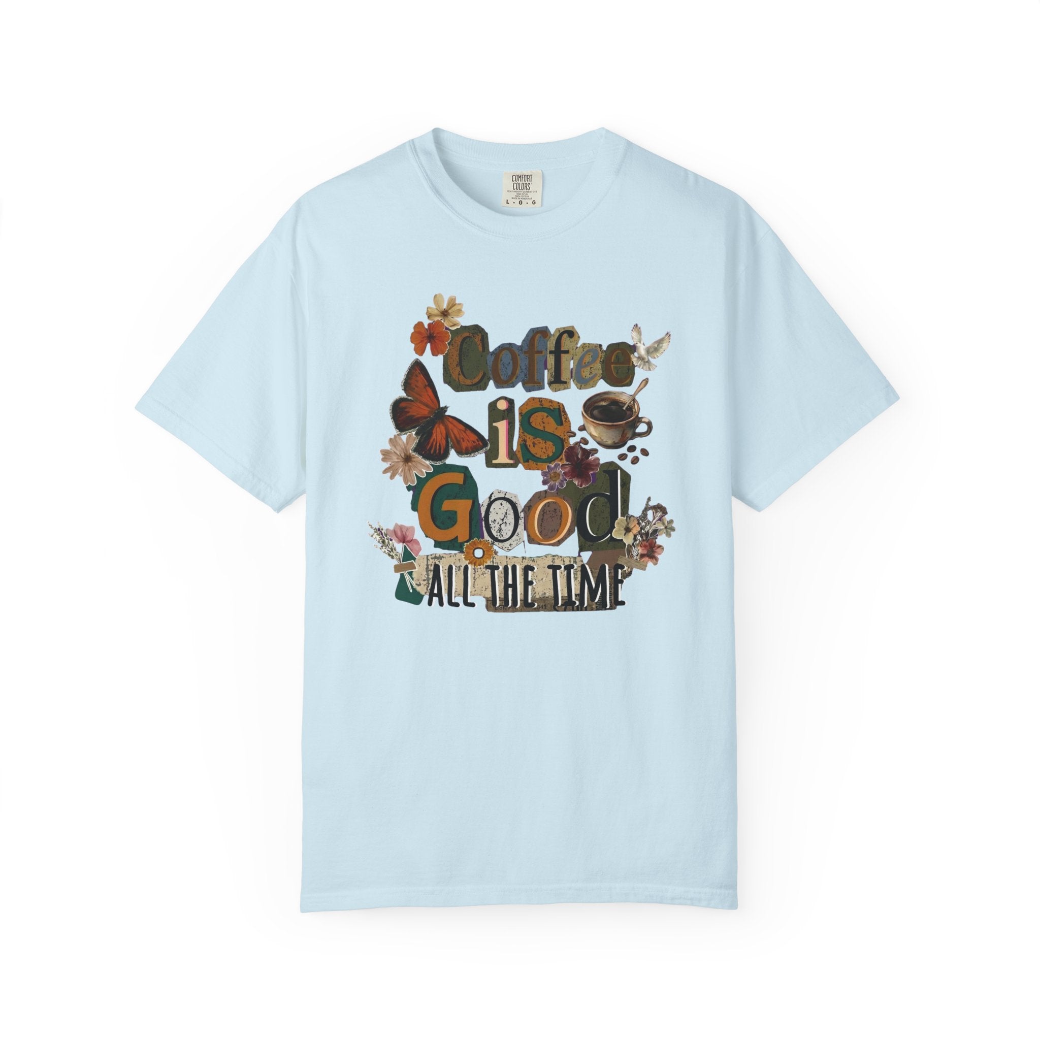 A light blue cotton t-shirt featuring a vintage-style floral and coffee-themed graphic print.