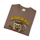 Brown unisex t-shirt with a graphic of a zombie coffee mug and the text Death Before Decaf.