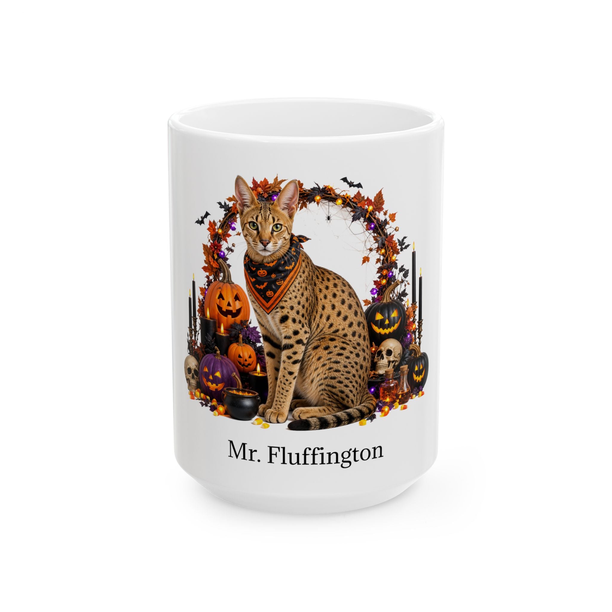 Angled Savannah cat Halloween mug with personalized pet name and fall design — image 3