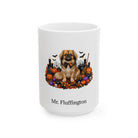 Personalized Tibetan Spaniel dog Halloween mug, 15oz white ceramic, with custom pet name on front
