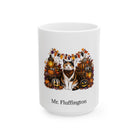 Personalized Calico cat Halloween mug, 15oz white ceramic, with custom pet name on front