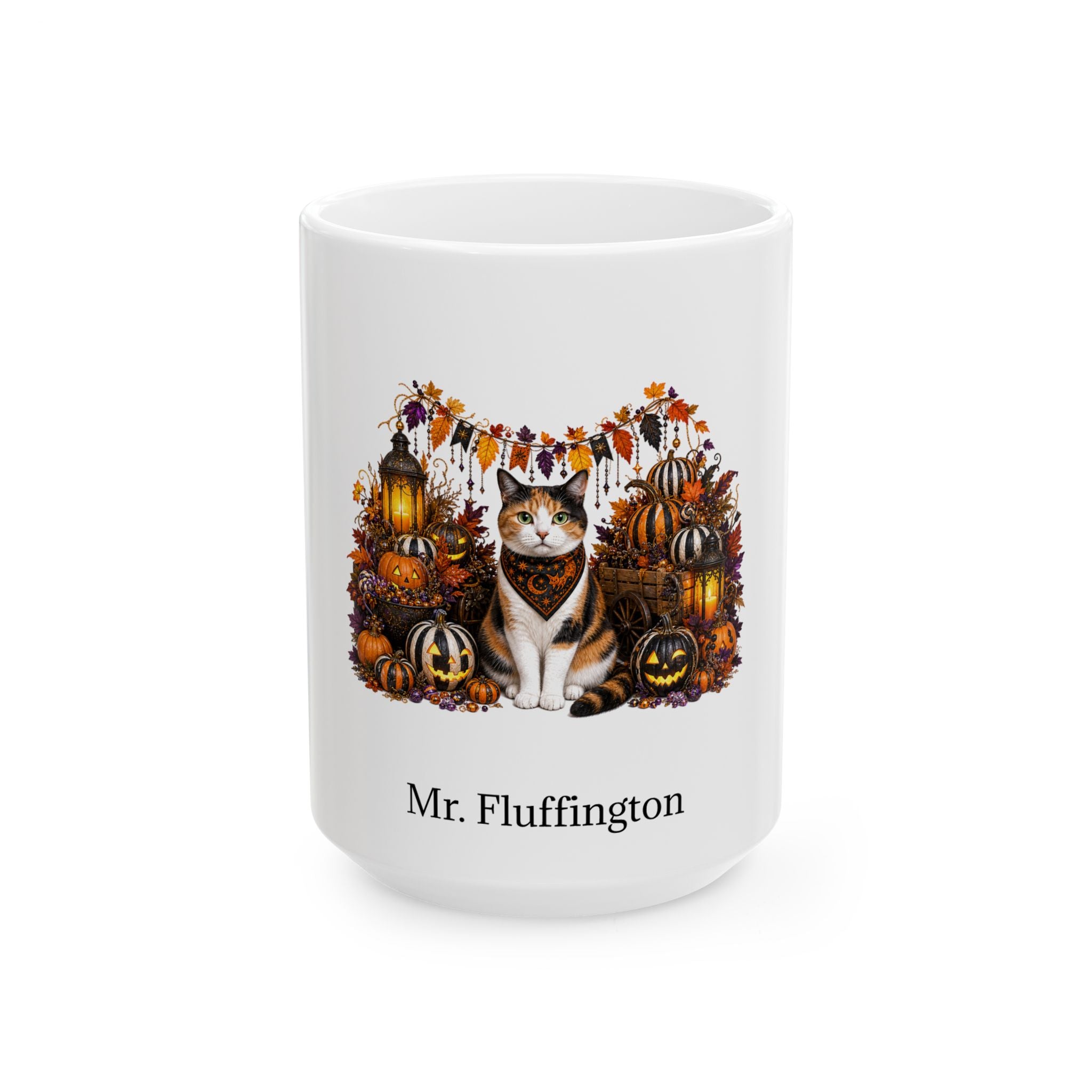 Personalized Calico cat Halloween mug, 15oz white ceramic, with custom pet name on front
