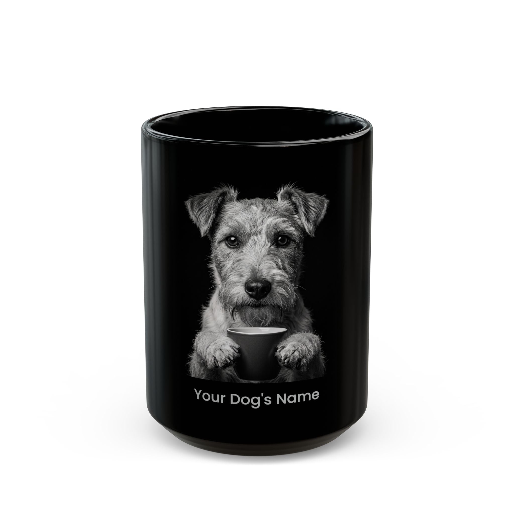 Personalized Wire Fox Terrier black ceramic coffee mug with custom dog name
