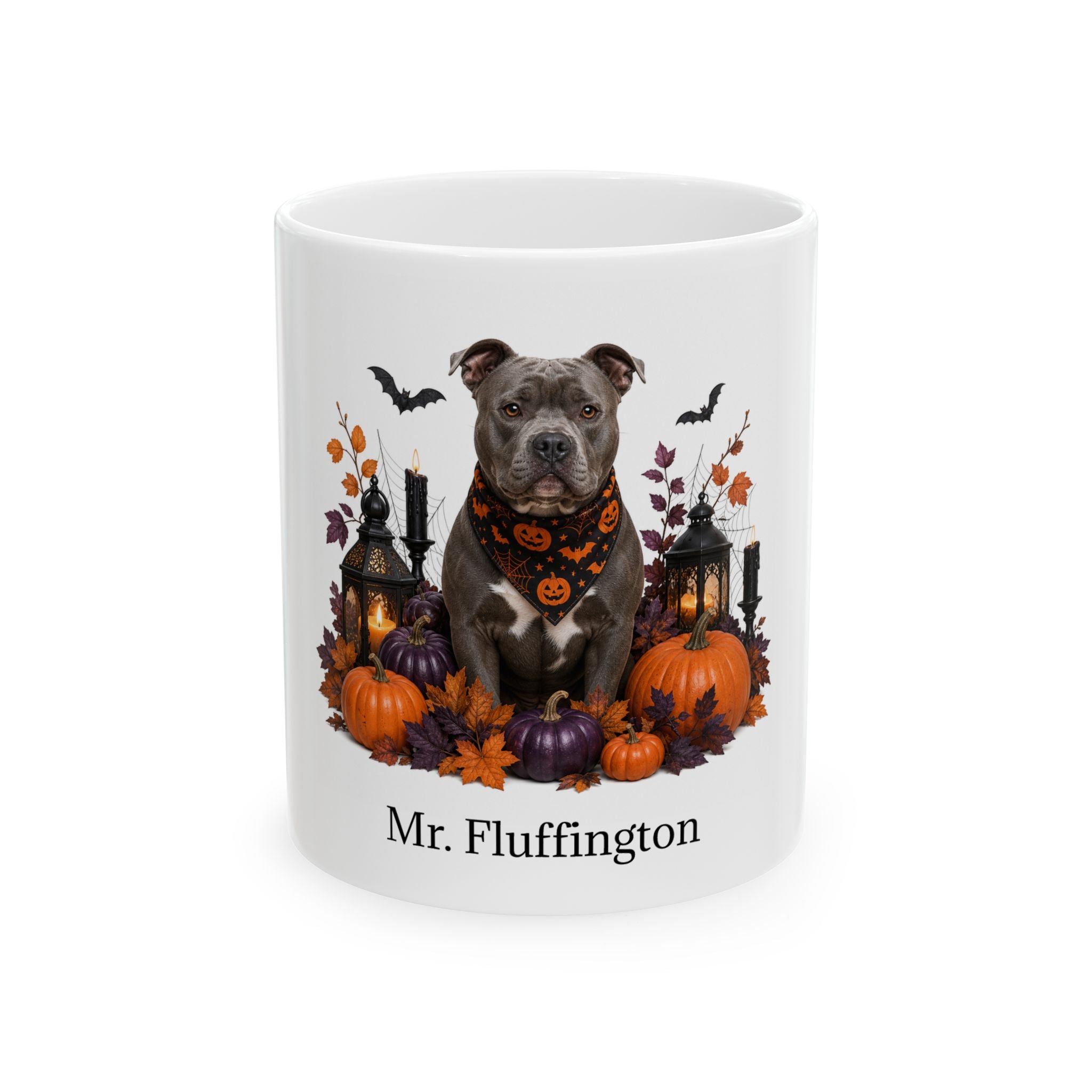 Personalized American Bully Halloween mug with custom dog name, front product view