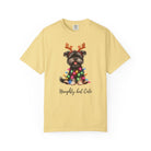 Yellow Comfort Colors unisex t-shirt featuring a Yorkie with reindeer antlers and Christmas lights.