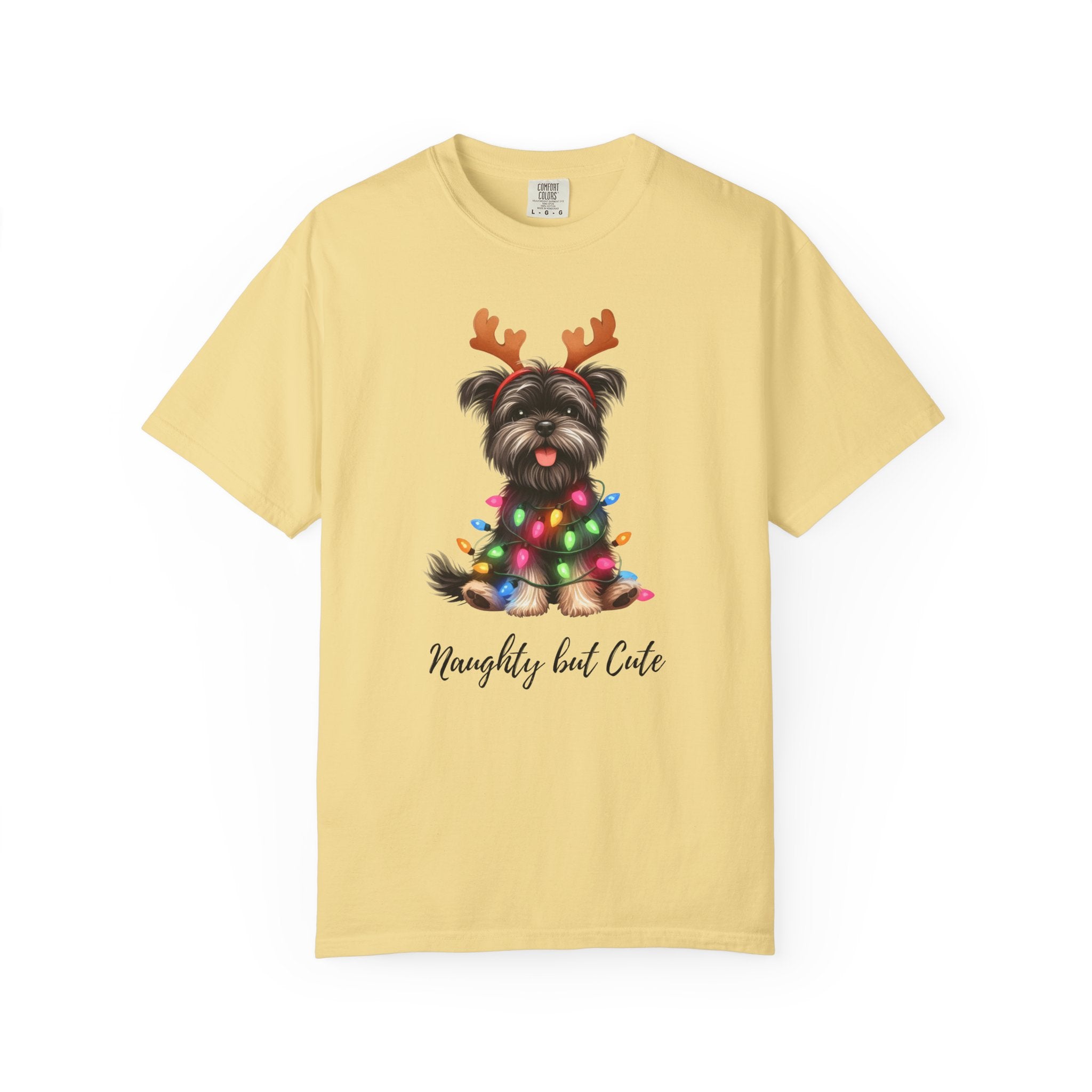 Yellow Comfort Colors unisex t-shirt featuring a Yorkie with reindeer antlers and Christmas lights.