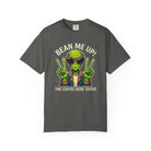 Dark grey t-shirt featuring a green alien wearing sunglasses and making peace signs.