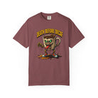 Maroon unisex t-shirt featuring a zombie coffee mug graphic with the text Death Before Decaf.