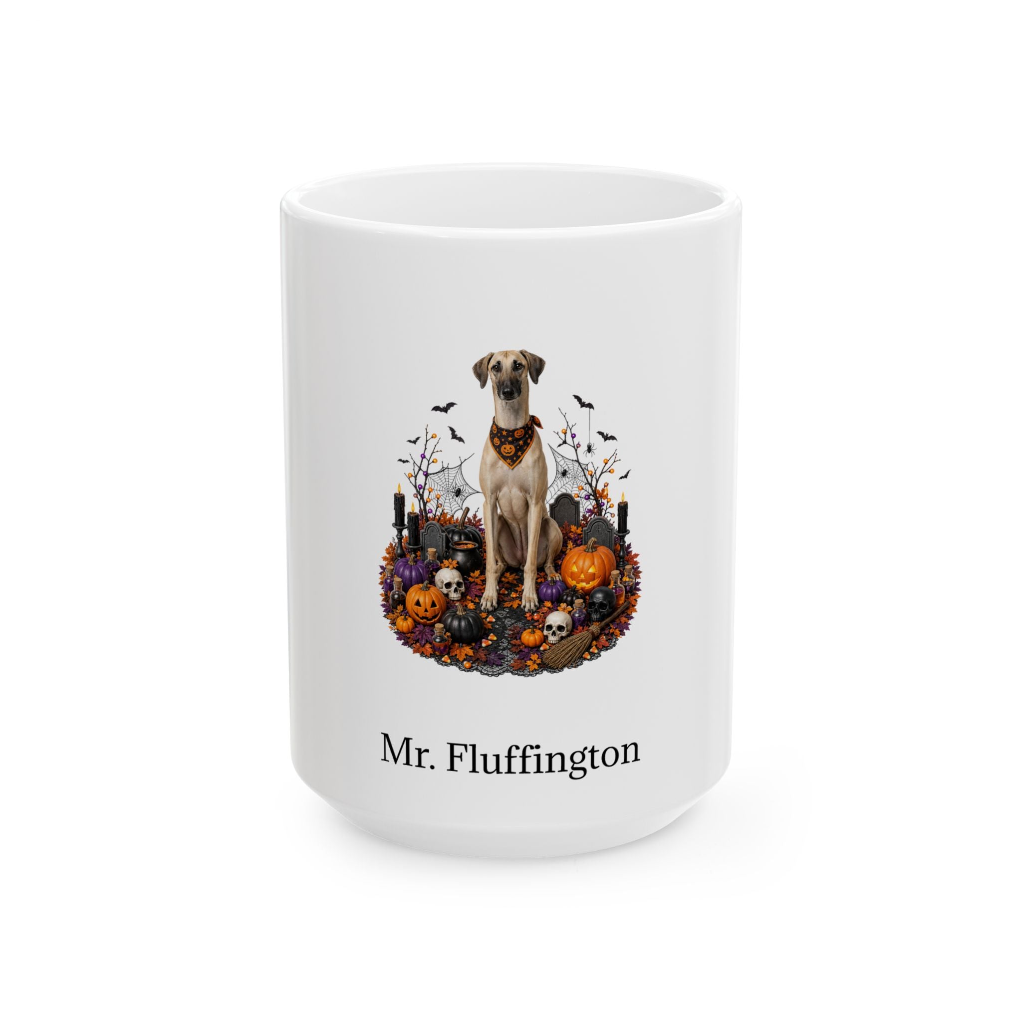 Personalized Sloughi dog Halloween mug, 15oz white ceramic, with custom pet name on front