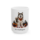 Angled Malamute dog Halloween mug with personalized pet name and fall design — image 3