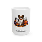 Personalized Papillon dog Halloween mug, 15oz white ceramic, with custom pet name on front