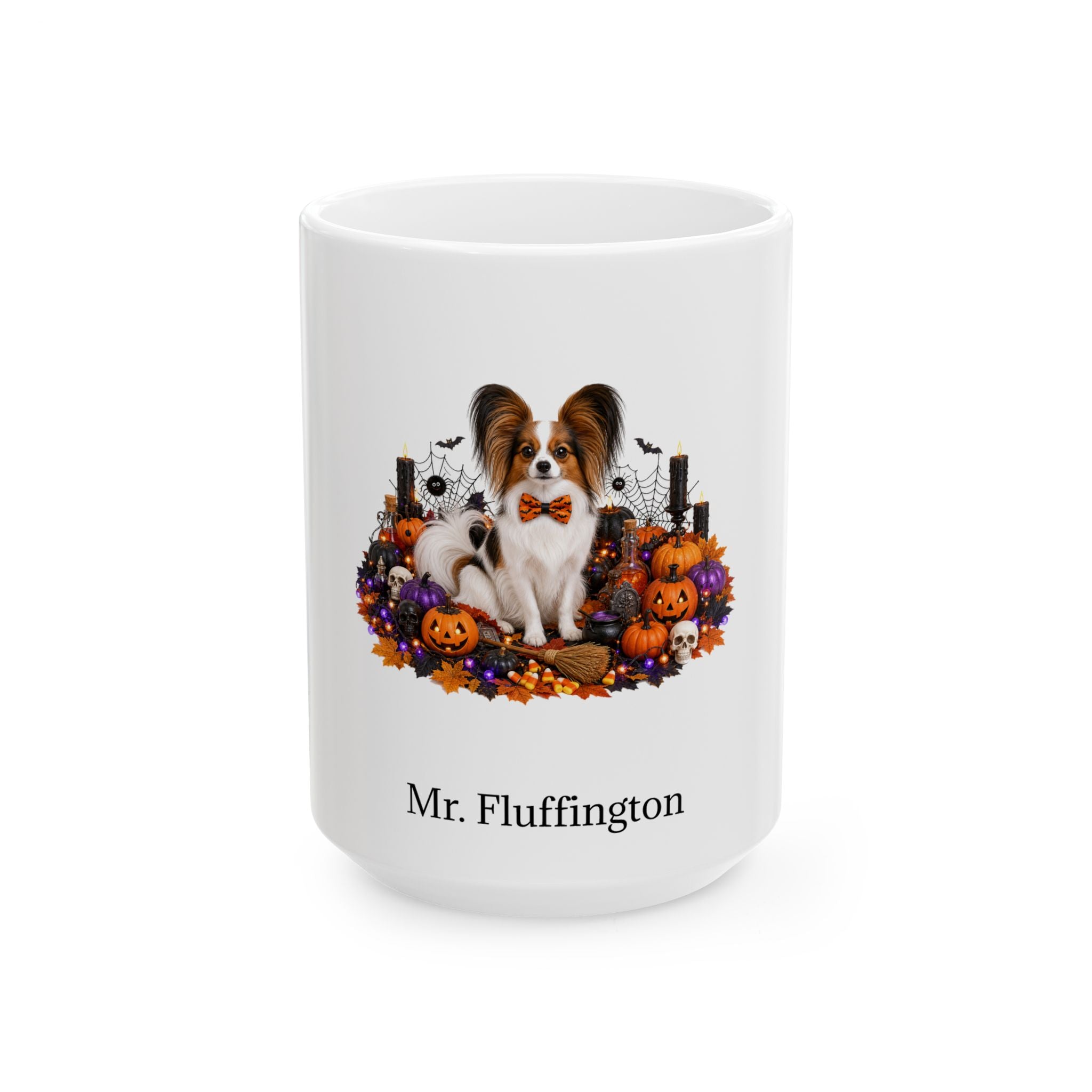 Personalized Papillon dog Halloween mug, 15oz white ceramic, with custom pet name on front