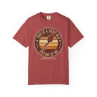 Red t-shirt with a vintage-style graphic of a coffee bean shaped like a sperm cell.
