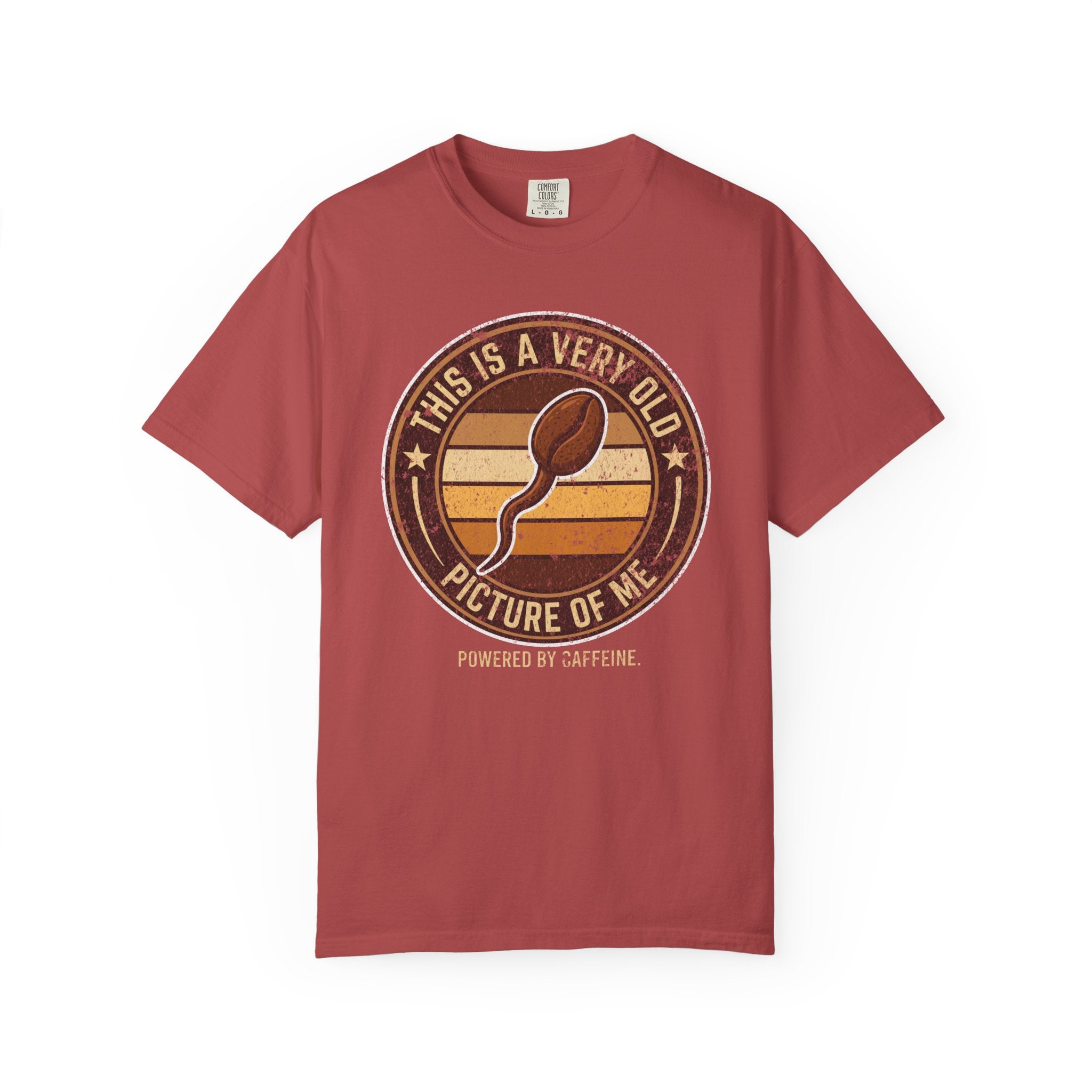 Red t-shirt with a vintage-style graphic of a coffee bean shaped like a sperm cell.