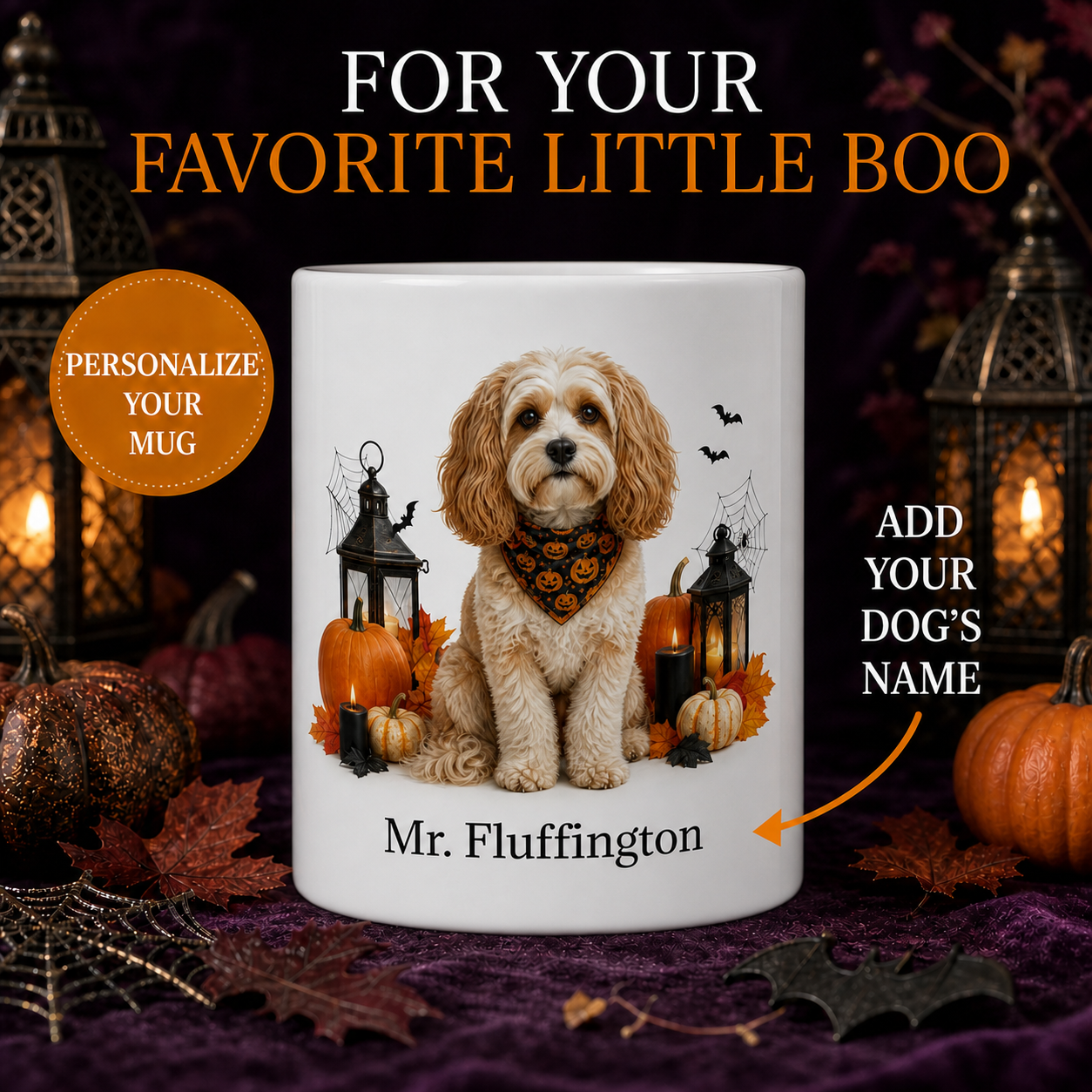Personalized Cavapoo Halloween Mug – Custom Dog Name Gift – front view with no handle