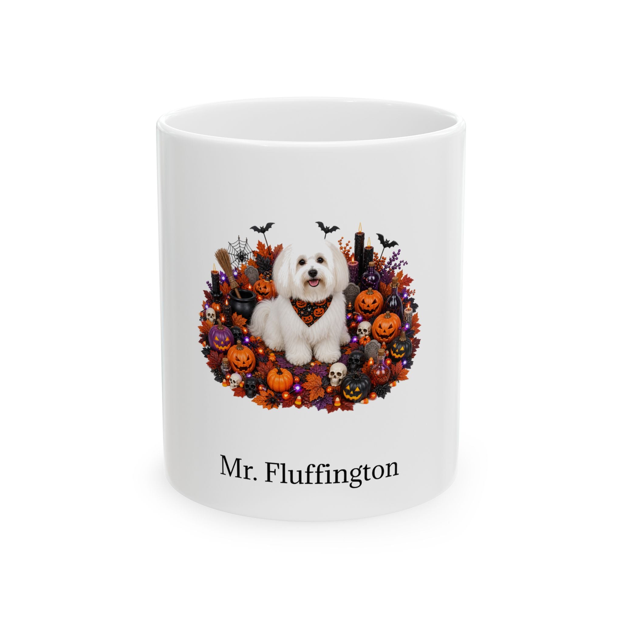 Personalized Coton De Tulear dog Halloween mug, 15oz white ceramic, with custom pet name on front
