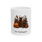 Personalized Burmese cat Halloween mug, 11oz white ceramic, with custom pet name on front
