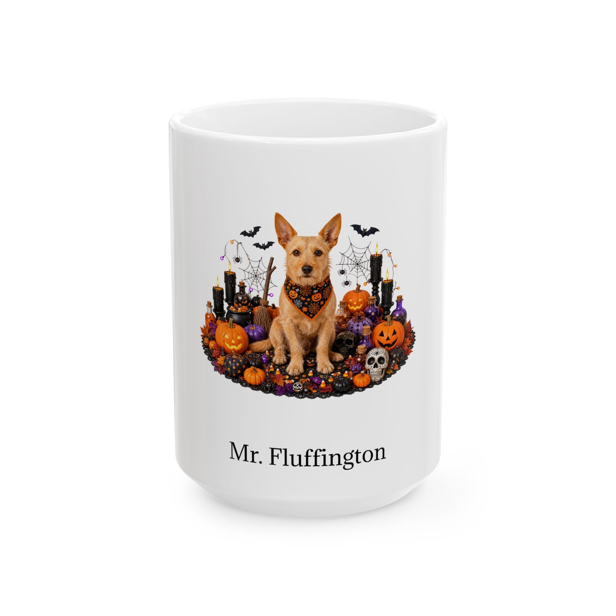 Personalized Portuguese Podengo Pequeno dog Halloween mug, 11oz white ceramic, with custom pet name on front