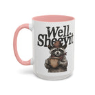 A white ceramic mug with a pink handle and rim, featuring a raccoon in a cowboy hat holding a mug.