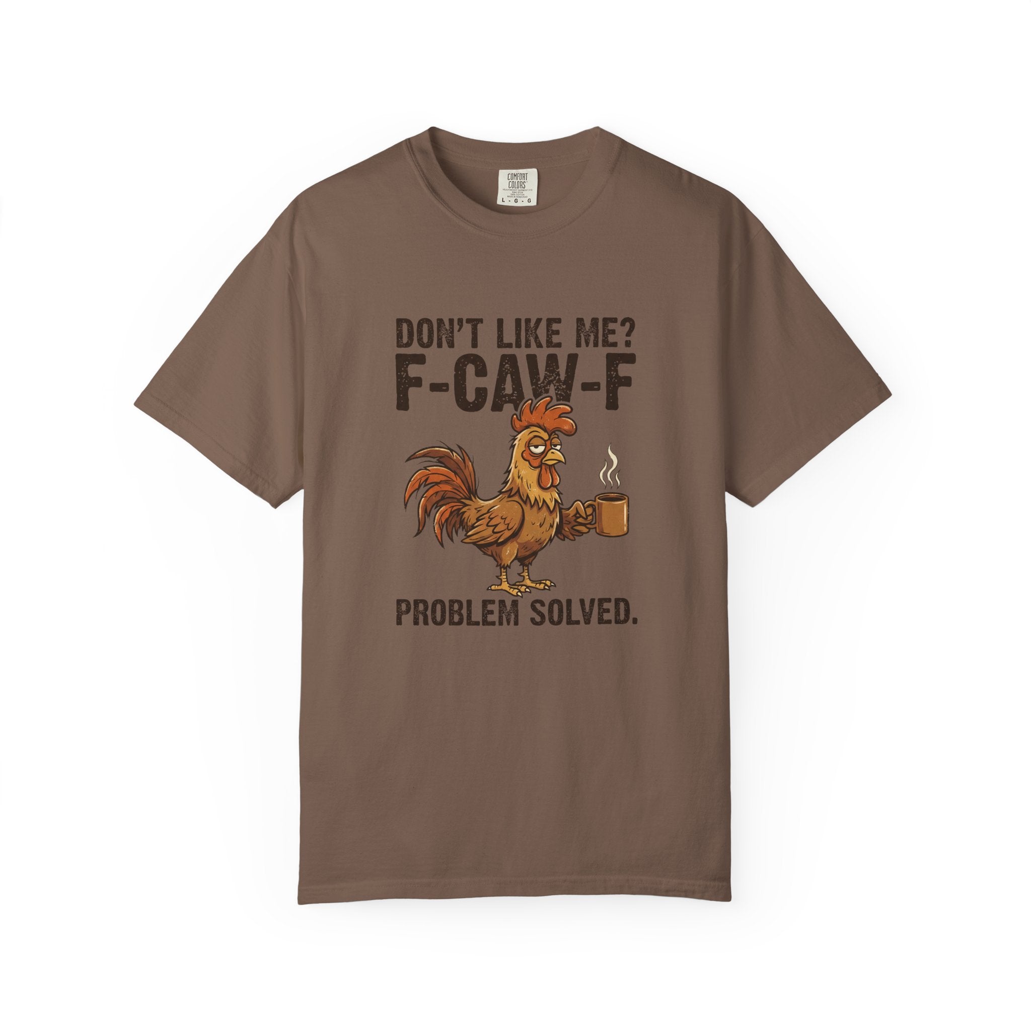 A brown unisex t-shirt featuring a distressed graphic of a rooster holding a coffee mug.