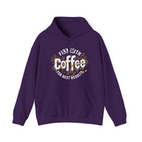 A purple hooded sweatshirt featuring a graphic that says Fill With Coffee For Best Results.