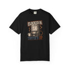 Black Comfort Colors 1717 t-shirt with a vintage graphic of a time clock and coffee mug.