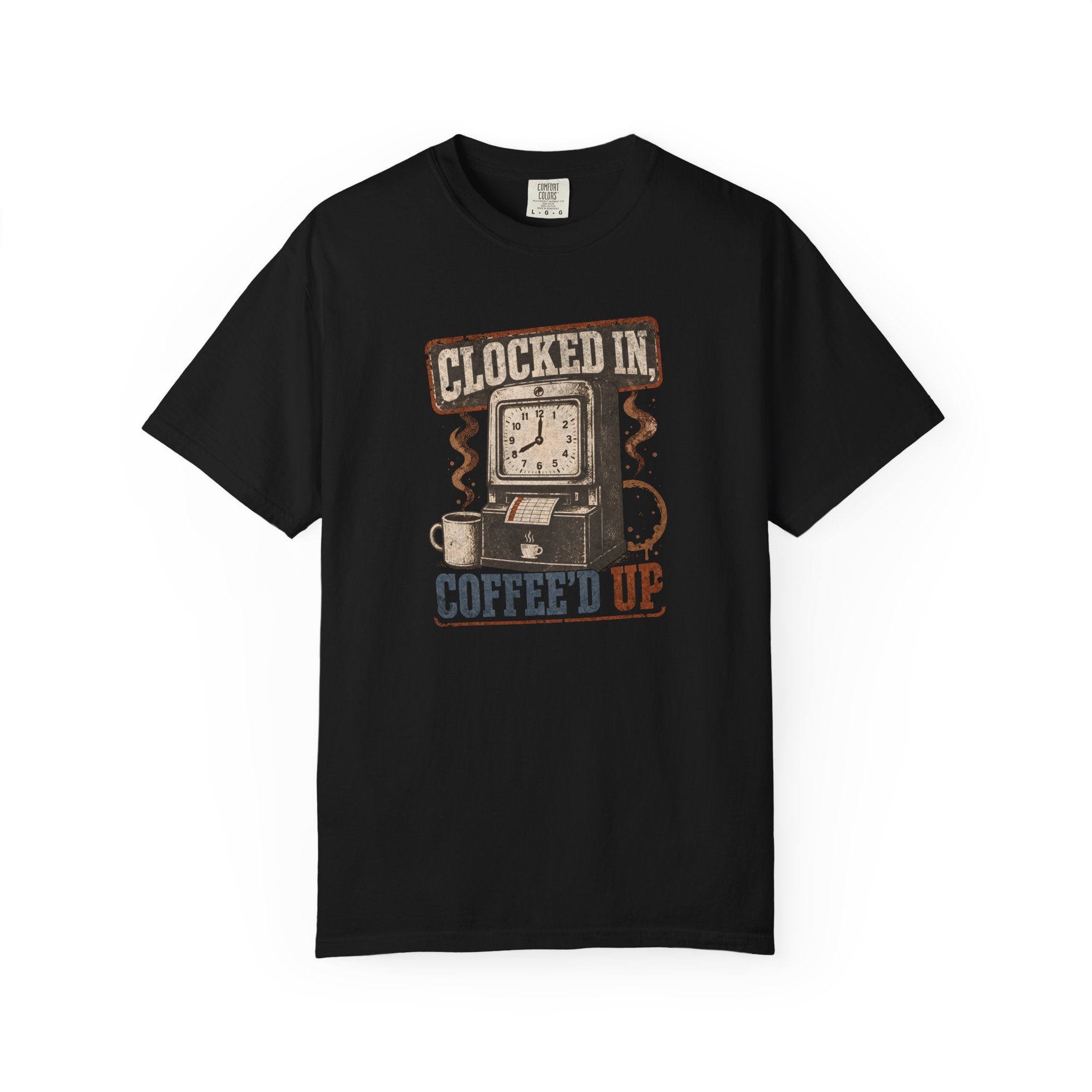 Black Comfort Colors 1717 t-shirt with a vintage graphic of a time clock and coffee mug.