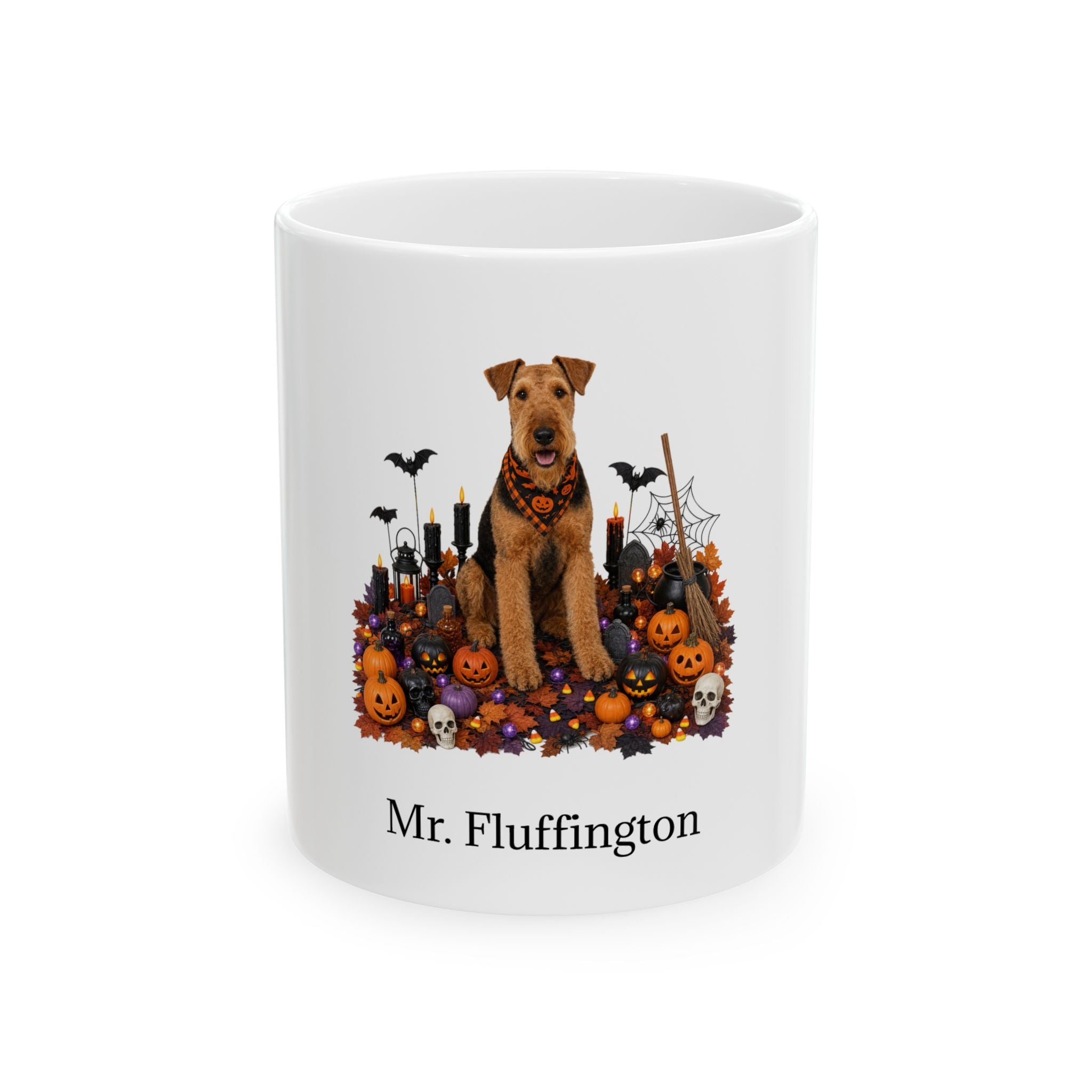 Personalized Airedale Terrier dog Halloween mug, 15oz white ceramic, with custom pet name on front