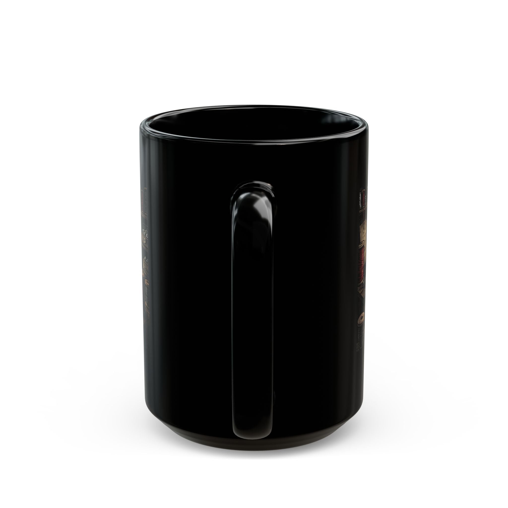 A black ceramic coffee mug featuring a Grim Reaper sewing graphic, shown from the handle side.