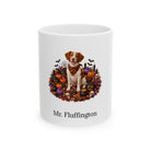 Personalized Brittany dog Halloween mug, 11oz white ceramic, with custom pet name on front
