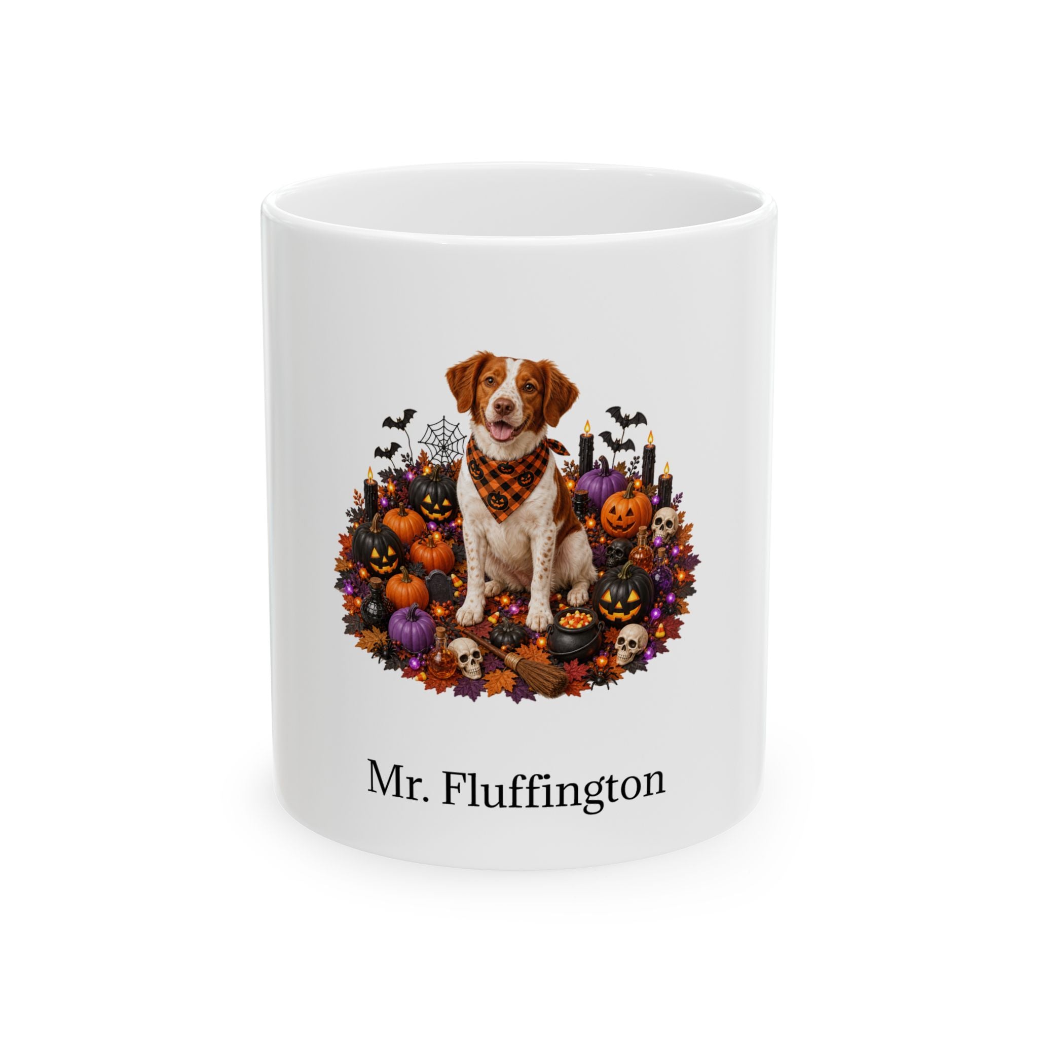 Personalized Brittany dog Halloween mug, 11oz white ceramic, with custom pet name on front
