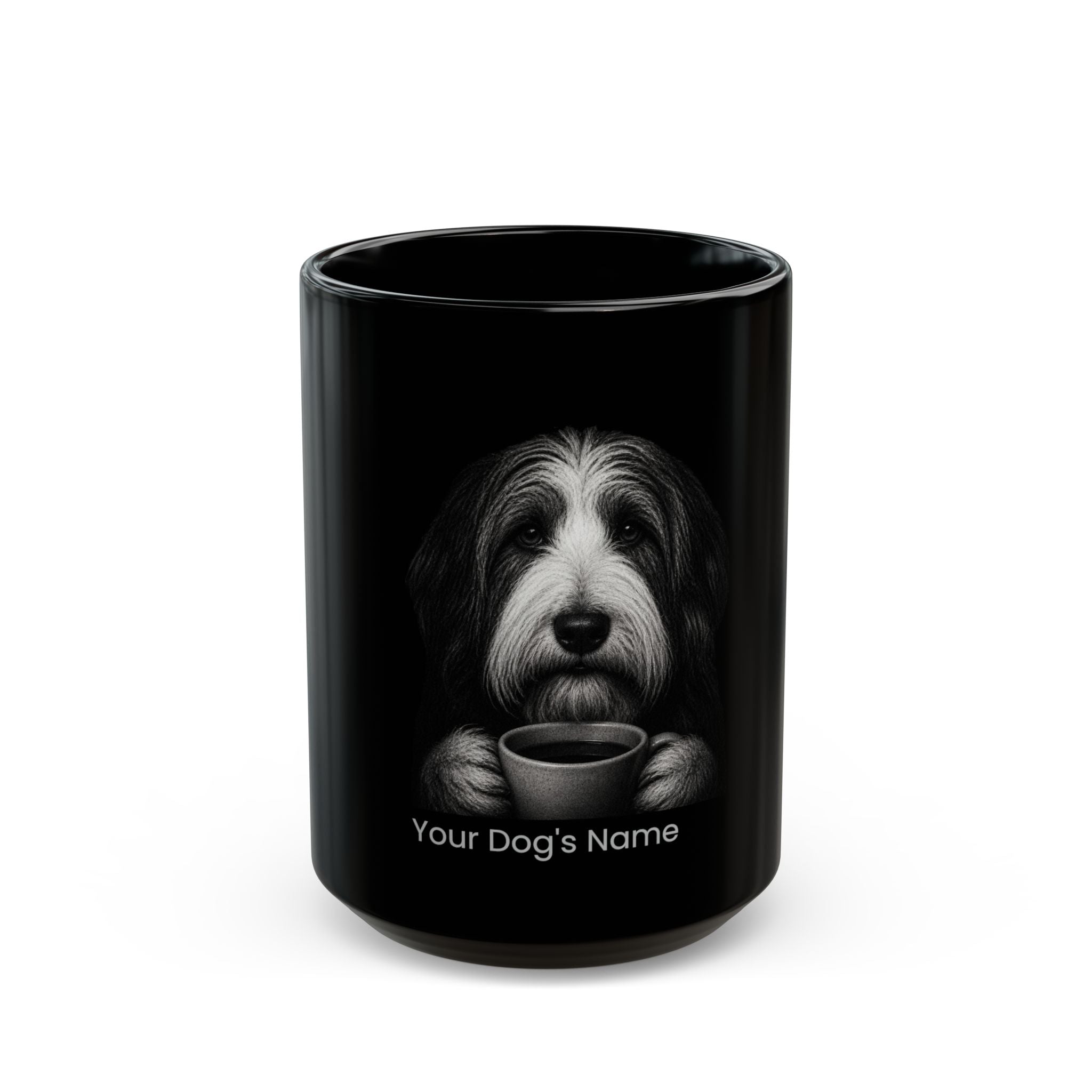 Personalized Bearded Collie black ceramic coffee mug with custom dog name